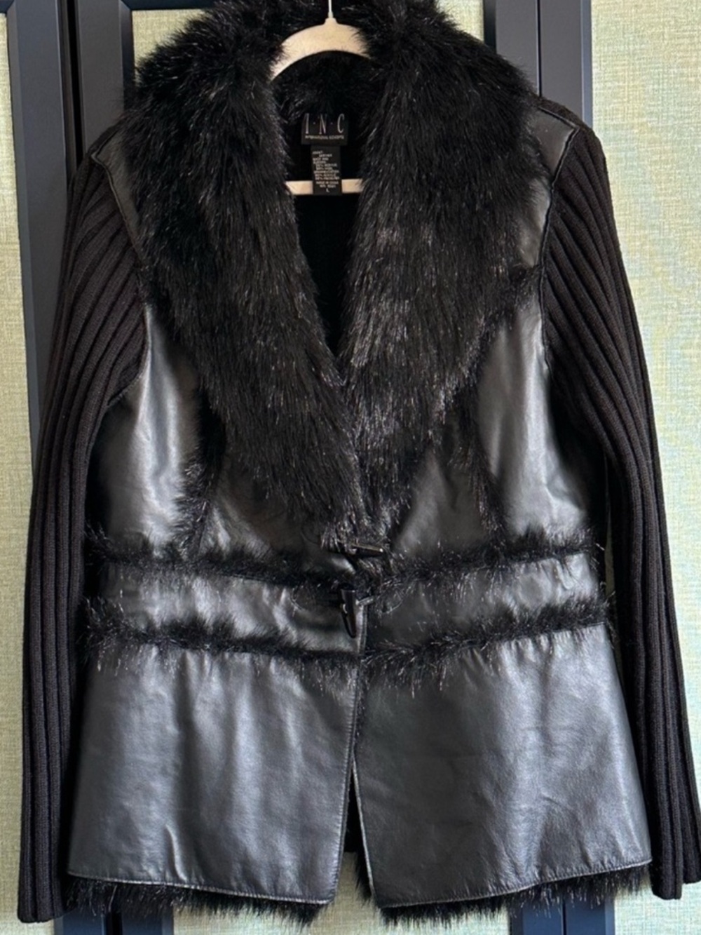 INC Black Leather + Faux Fur Knit Cardigan Toggle Closure Aspen Apres Ski, Sz L